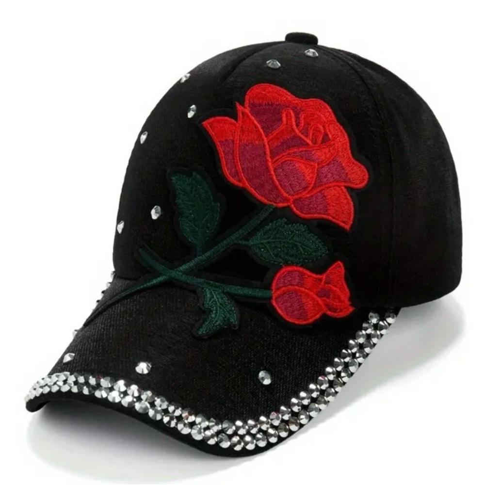 Red Flower Rhinestone Black Baseball Cap - Picture 3 of 7
